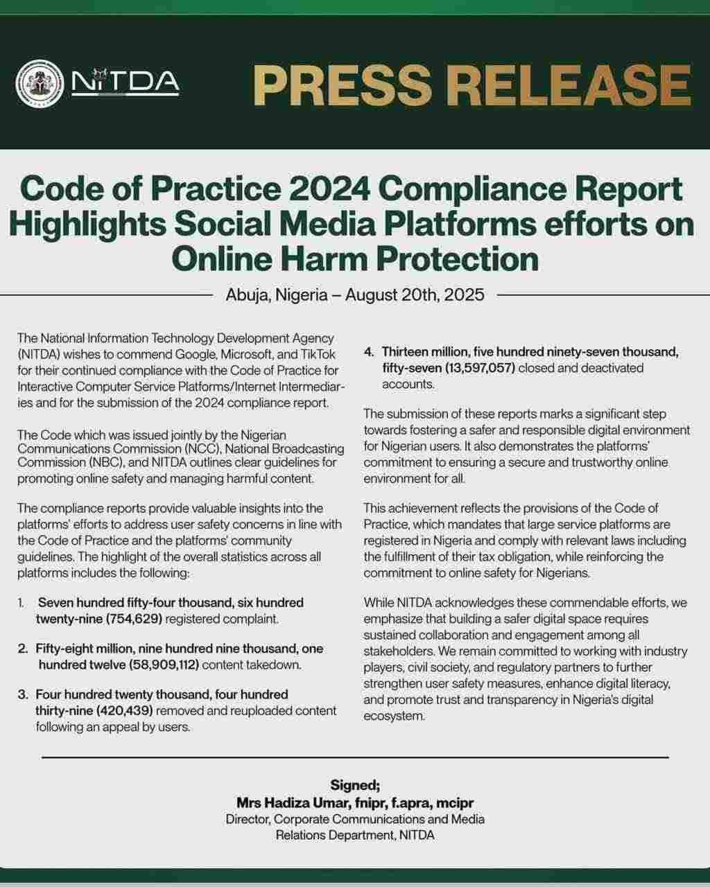 Nigeria Deactivates 13.5M Social Media Accounts, Removes 58.9M Posts Under Digital Compliance Code